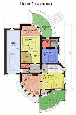 Проект одноэтажного дома с мансардным и цокольным этажами, с бассейном и зимним садом / План 1 этажа