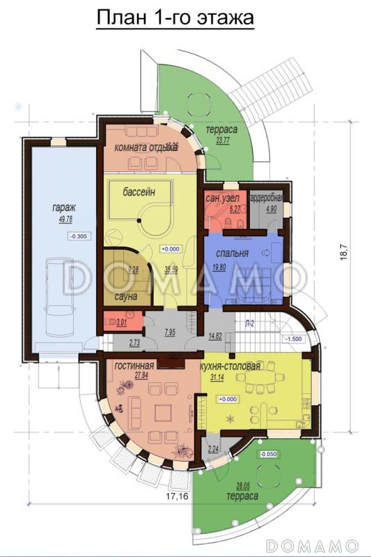 Проект одноэтажного дома с мансардным и цокольным этажами, с бассейном и зимним садом / План 1 этажа