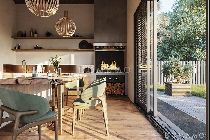 Проект Т-образного дома с навесом для автомобилей, крытой верандой для барбекю, открытой планировкой дневнойзоны