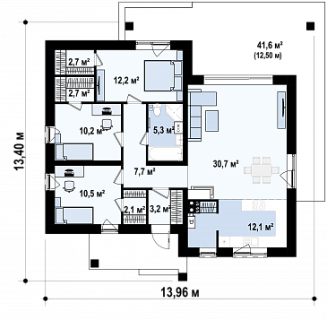 Проект небольшого современного одноэтажного дома из газобетона с тремя спальнями и красивой террасой / План 1 этажа