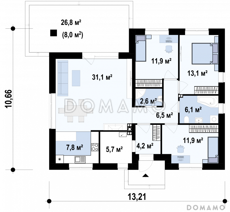 Проект компактного кирпичного дома с 3 спальнями, просторной гостиной и открытой террасой / План 1 этажа