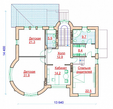 Проект коттеджа с круглой гостиной и гаражом / План 2 этажа