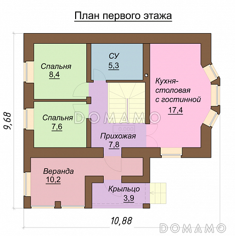 Проект одноэтажного дома с мансардным и цокольным этажами, с эркером / План 1 этажа