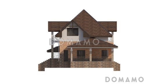 Проект дома с использованием трёх видов отелочных материалов, с навесом для автомобиля и террасой / Фасад 4