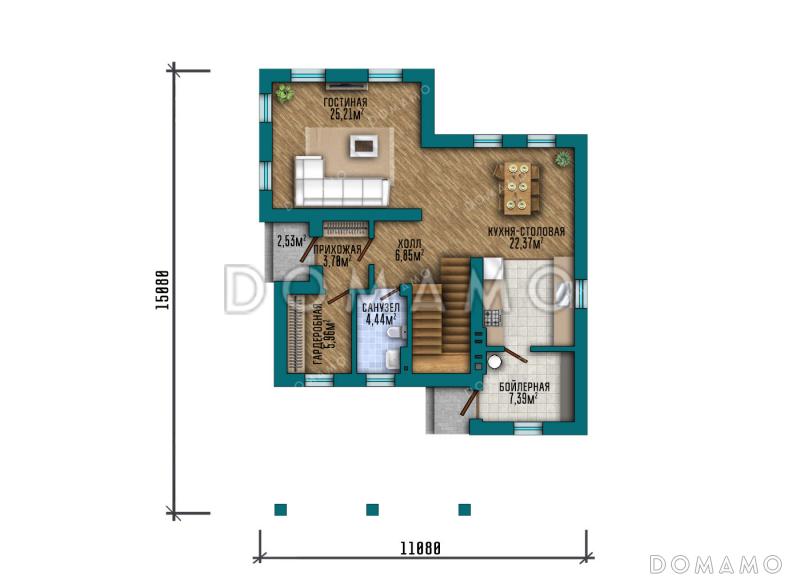 Проект двухэтажного современного дома с плоской крышей и навесом для авто / План 1 этажа
