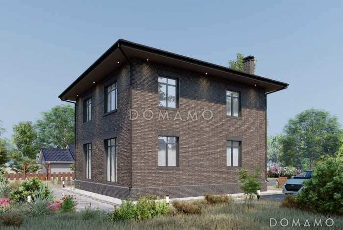 Проект компактного двухэтажного дома с террасой, гостиной и 4 спальнями