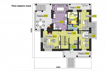 Загородный дом с бильярдной и спортзалом в цокольном этаже, барбекю на террасе, просторной кухней, лоджией и балконами / План 1 этажа
