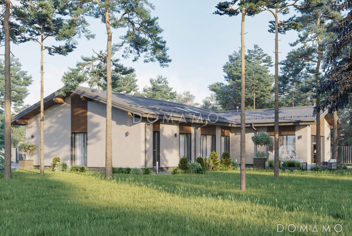 Проект Т-образного дома с навесом для автомобилей, крытой верандой для барбекю, открытой планировкой дневнойзоны