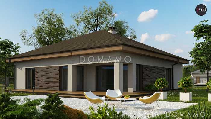 Проект современного одноэтажного дома из кирпича с тремя спальнями и большим фронтальным гаражом, с изменённой крышей и крытой террасой