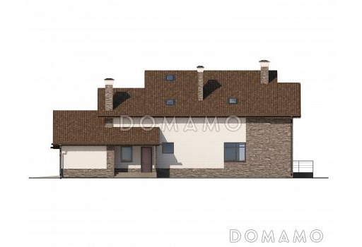 Проект дома с панорамными окнами, гаражом на одну машину, спальней с выходом на террасу, сауной / Фасад 4