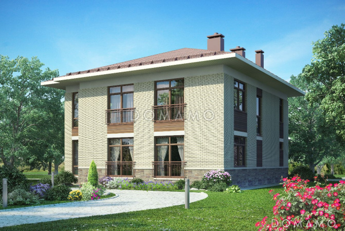 Проект двухэтажного дома с большой гостиной, четырьмя спальными комнатами и балконом