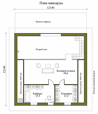 Проект одноэтажного каркасного дома с мансардой, вторым светом и крытой террасой / План мансардного этажа