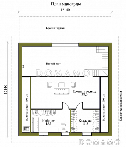 Проект одноэтажного каркасного дома с мансардой, вторым светом и крытой террасой / План мансардного этажа