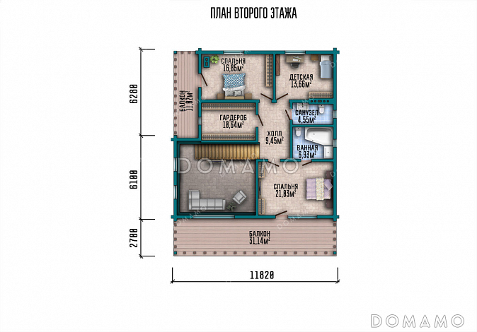 Проект шале с 4 комнатами, террасой, балконами и вторым светом / План мансардного этажа