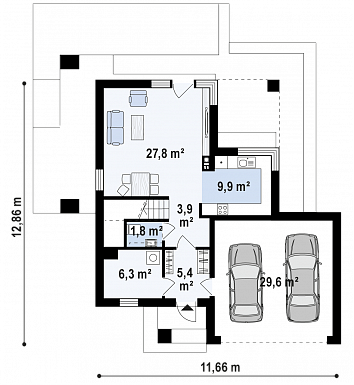 Проект компактного двухэтажного дома из кирпича с гаражом на два автомобиля / План 1 этажа