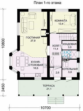 Проект загородного дома из SIP панелей с тремя спальными комнатами на мансардном этаже / План 1 этажа