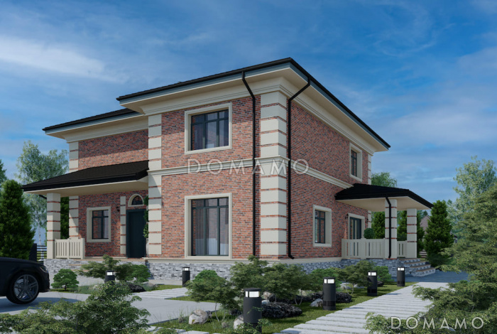 Проект двухэтажного дома из газобетона с террасой, кабинетом и 3 спальнями