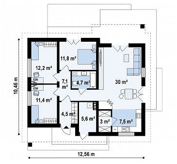 Проект простого уютного одноэтажного дома из кирпича с тремя спальнями и возможностью обустройства мансарды / План 1 этажа