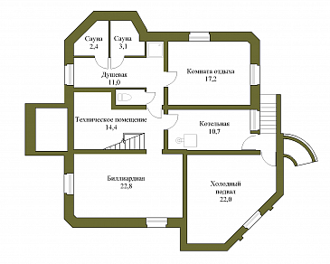 Проект коттеджа с подвалом и зимним садом из кирпича / План цокольного этажа