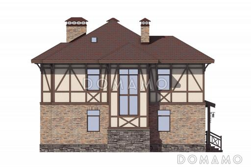 Проект дома по технологии ЛСТК с крытой террасой, кладовой под лестницей. эркерами, гостевой на первом этаже, спальнями и кабинетом на втором этаже / Фасад 1