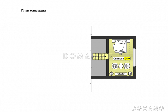 Одноэтажный дом с мансардным этажом со спальней, полукруглой террасой, большим бассейном / План мансардного этажа