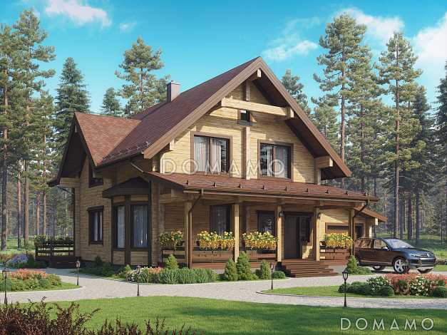 Проект двухэтажного деревянного дома с двумя террасами и гаражом на 1 автомобиль