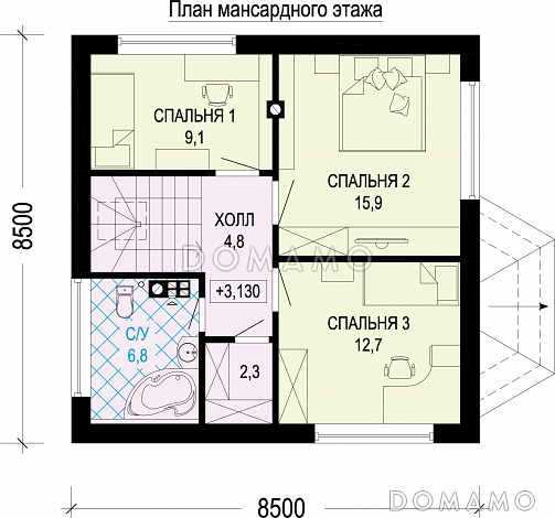 Проект одноэтажного дома из газобетона с мансардой, эркером, треугольными окнами и шатровой ломанной крышей / План мансардного этажа