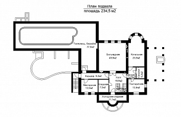 Проект загородного дома с пристроенным задним бассейна из светопрозрачных конструкций / План цокольного этажа