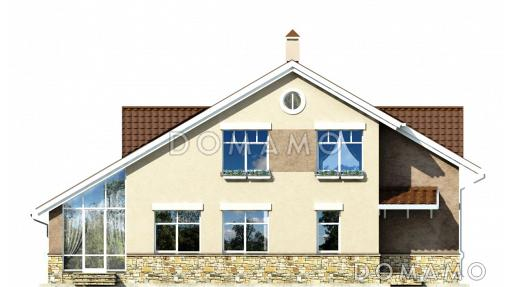 Проект загородного дома с темно-коричневой двускатной крышей и просторной гостиной с камином / Фасад 1