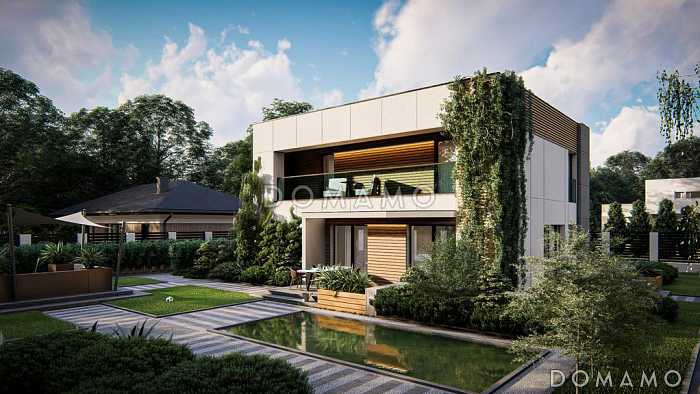 Проект двухэтажного дома с гаражом на одну машину, кладовой, хозяйской спальней