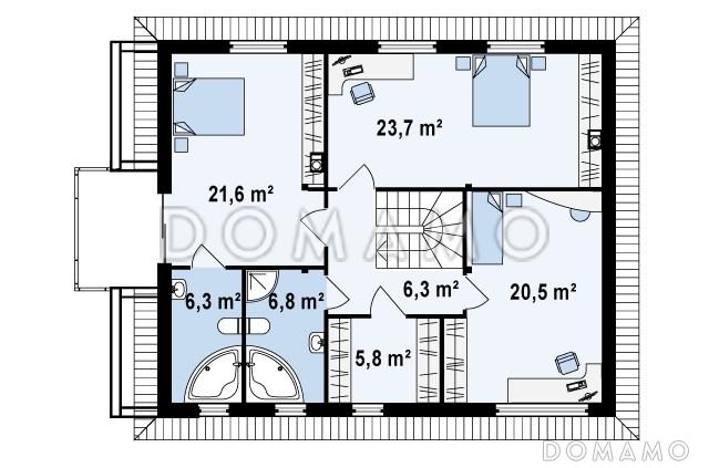 Проект современного двухэтажного дома из кирпича, адаптированного под сейсмику, с четырьмя спальнями, балконом и встроенным гаражом / План 2 этажа