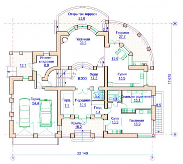 Проект коттеджа в стиле модерн с гаражом на 2 а/м и сауной / План 1 этажа