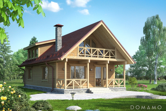 Проект одноэтажного дома из бруса с мансардой и двумя террасами на обоих этажах по всей ширине дома