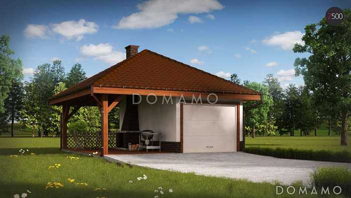 Проект одноместного гаража из газобетона с барбекю на террасе