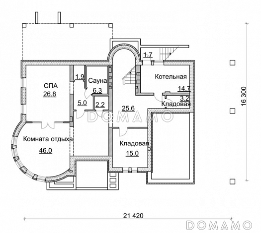 Проект коттеджа с круглой гостиной, гаражом и навесом / План цокольного этажа