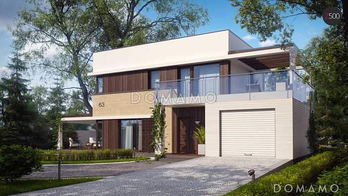 Проект современного двухэтажного дома из газобетона с плоской крышей с кабинетом, гаражом и крытыми террасами на обоих уровнях, адаптированный для сейсмозоны 