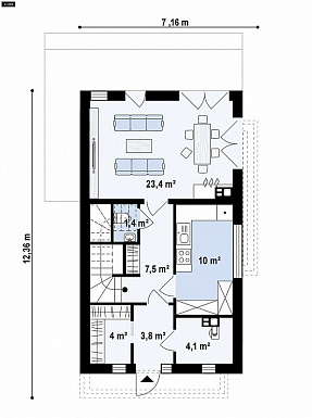 Проект двухэтажного дома из газобетона в стиле кубизм с балконом / План 1 этажа