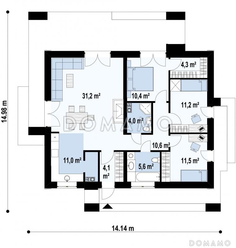 Проект современного компактного одноэтажного дома из газобетона с тремя спальнями / План 1 этажа