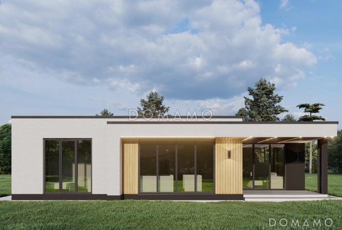 Проект одноэтажного дома с мастер-спальней, просторной кухней-гостиной и блоком с тремя спальнями