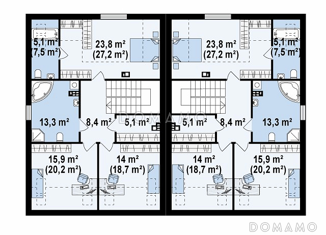 Проект мансардных домов-близнецов из газобетона с гаражом и современными элементами дизайна / План мансардного этажа