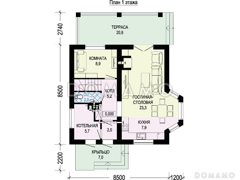 Проект одноэтажного мансардного дома по технологии ЛСТК с тремя спальнями, кабинетом, эркером и крытой террасой / План 1 этажа