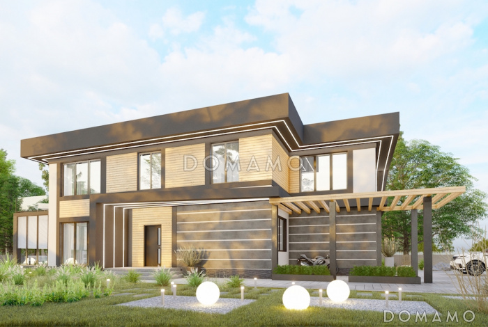 Проект двухэтажного дома из газобетона со встроенным гаражом, верандой и спортзалом