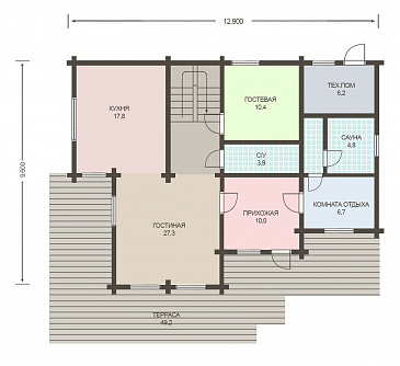 Проект деревянного дома из клееного бруса с просторной прихожей / План 1 этажа