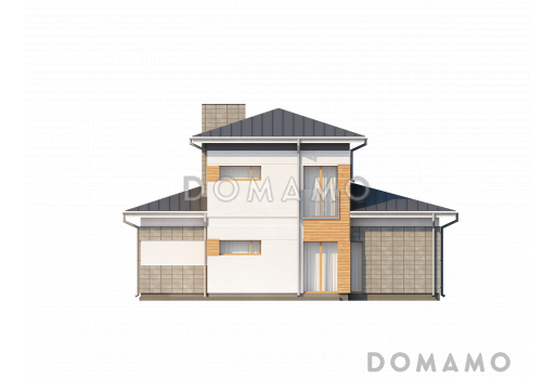 Проект современного двухэтажного дома из газобетона с четырьмя спальнями и пристроенным гаражом / Фасад 3