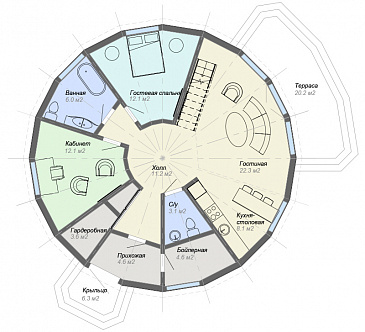 Проект купольного дома с 4 спальнями и видовой гостиной / План 1 этажа