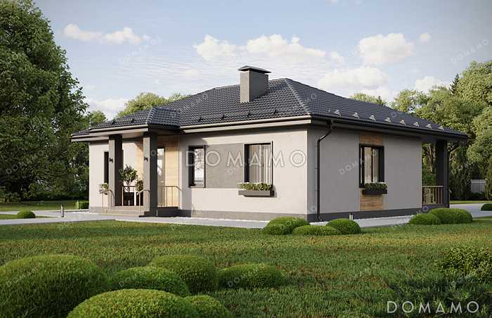 Проект компактного одноэтажного дома с общей вальмовой кровлей над входной группой и террасой и комбинированной отделкой фасада декоративной штукатуркой и планкеном