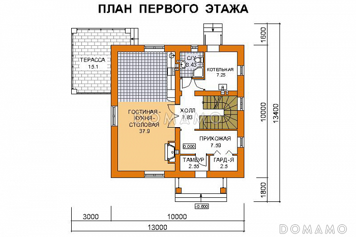 Проект дома по технологии ЛСТК до 150 кв.м с двухскатной крышей / План 1 этажа