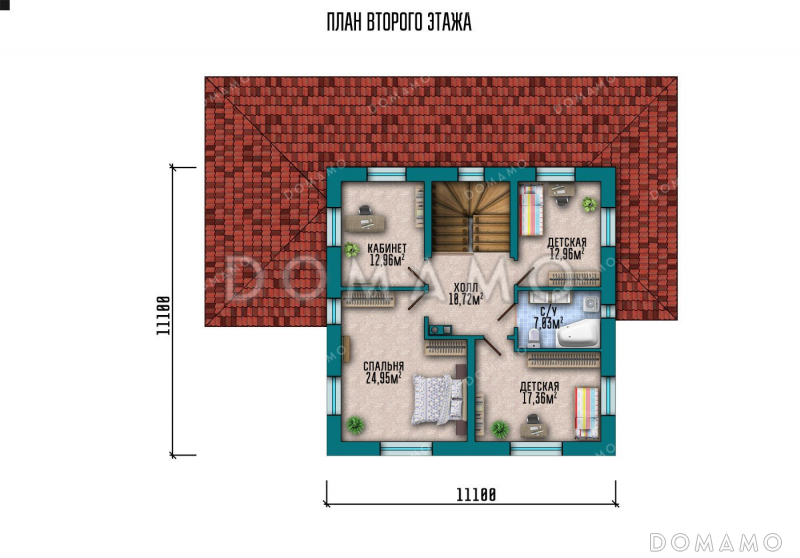 Проект дома из газобетона с террасой и тремя спальнями / План 2 этажа