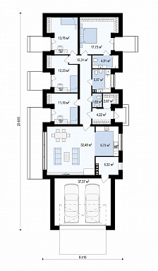 Проект комфортного одноэтажного дома из кирпича с четырьмя спальнями и гаражом на два автомобиля / План 1 этажа