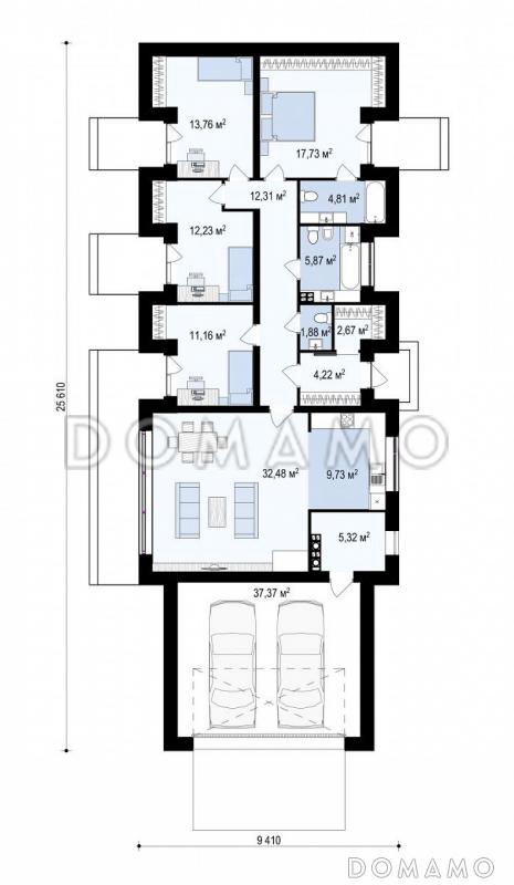 Проект комфортного одноэтажного дома из кирпича с четырьмя спальнями и гаражом на два автомобиля / План 1 этажа